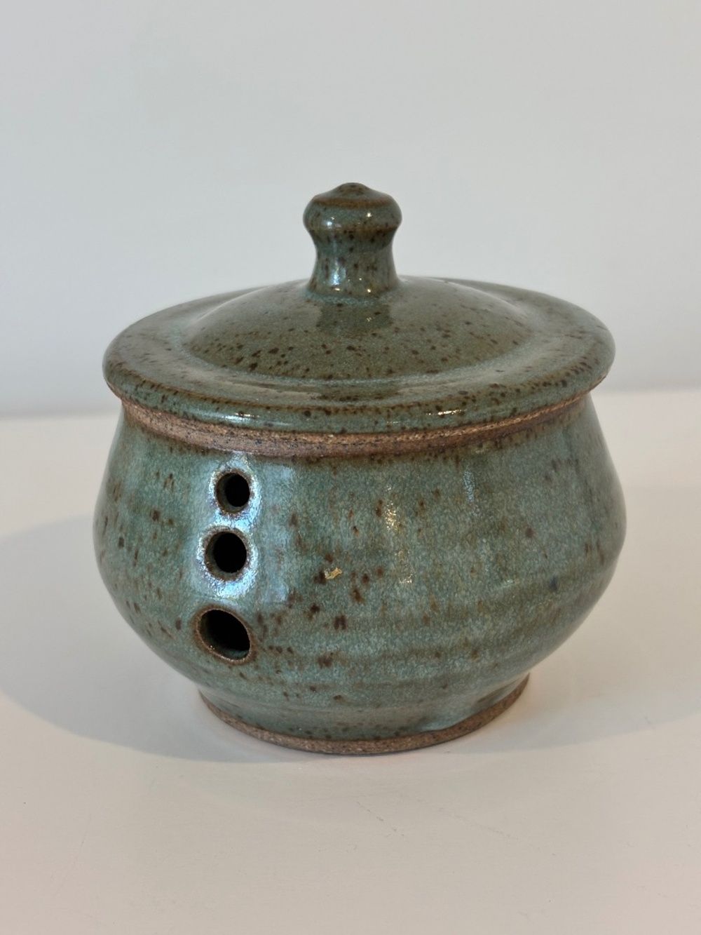 Studio pottery garlic keeper herb stripper with lid rustic green speckled glaze